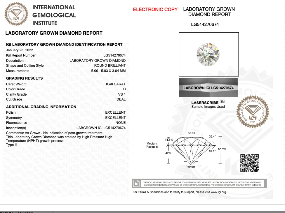 0.48CT Round D VS1 IDEAL EX EX NONE - LG514270674