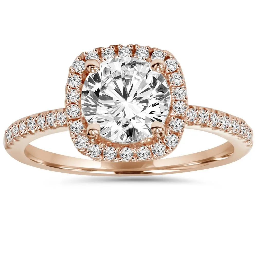 1 1/2ct Lab Created Diamond Cushion Halo 14K Rose Gold Engagement Ring