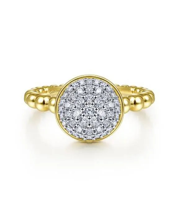 14K Yellow Gold Round Diamond Pavé Center Ring with Bujukan Bead Shank