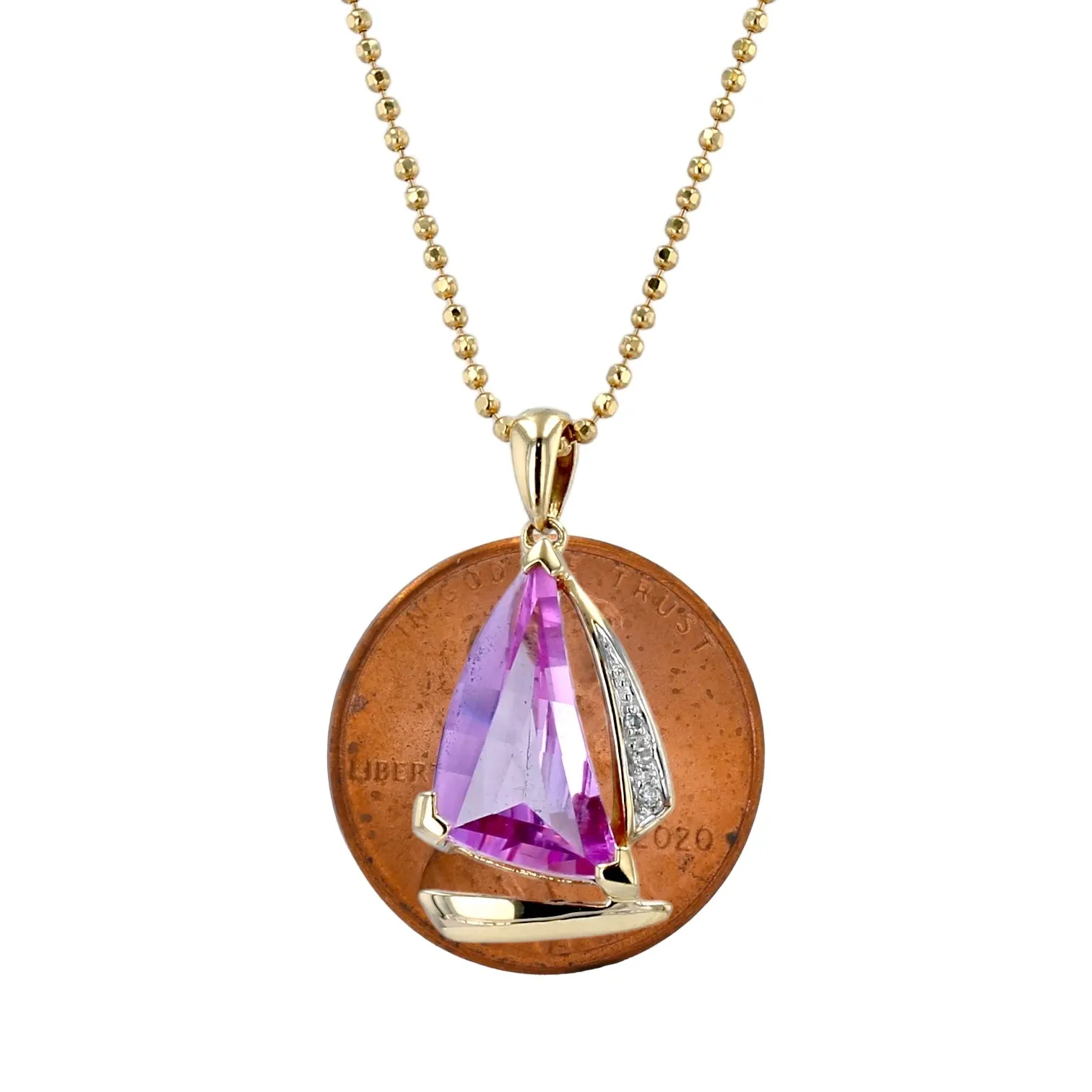 14K Yellow gold sail boat pink sapphire and diamonds Necklace