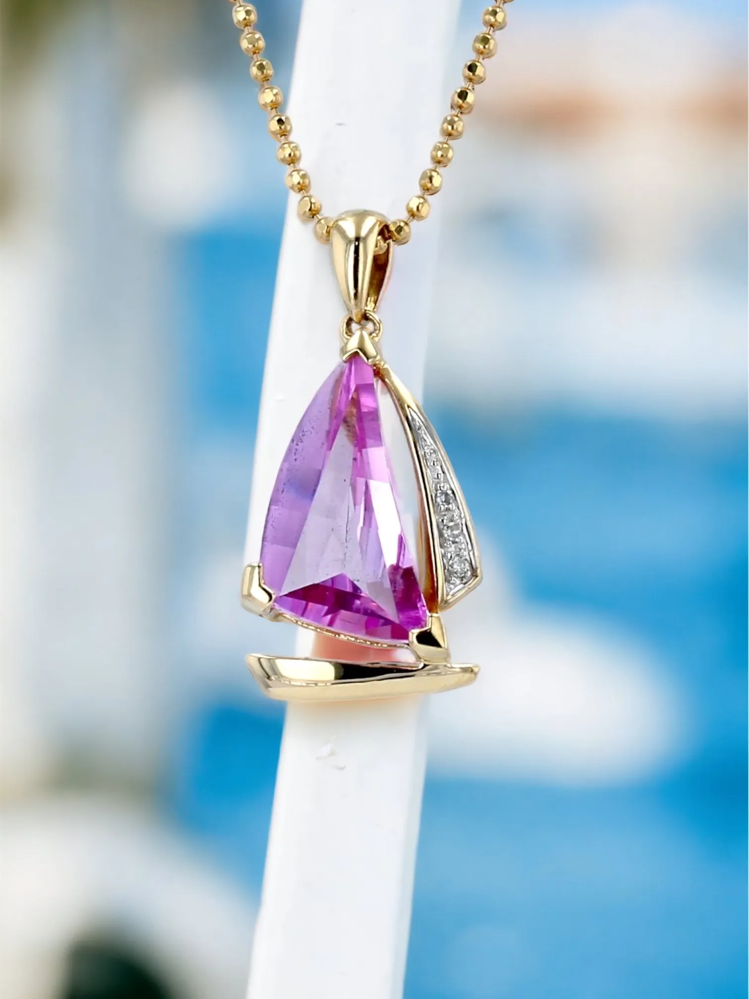 14K Yellow gold sail boat pink sapphire and diamonds Necklace