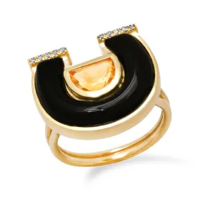 14K YG Citrine, Onyx and Diamond Horseshoe Ring