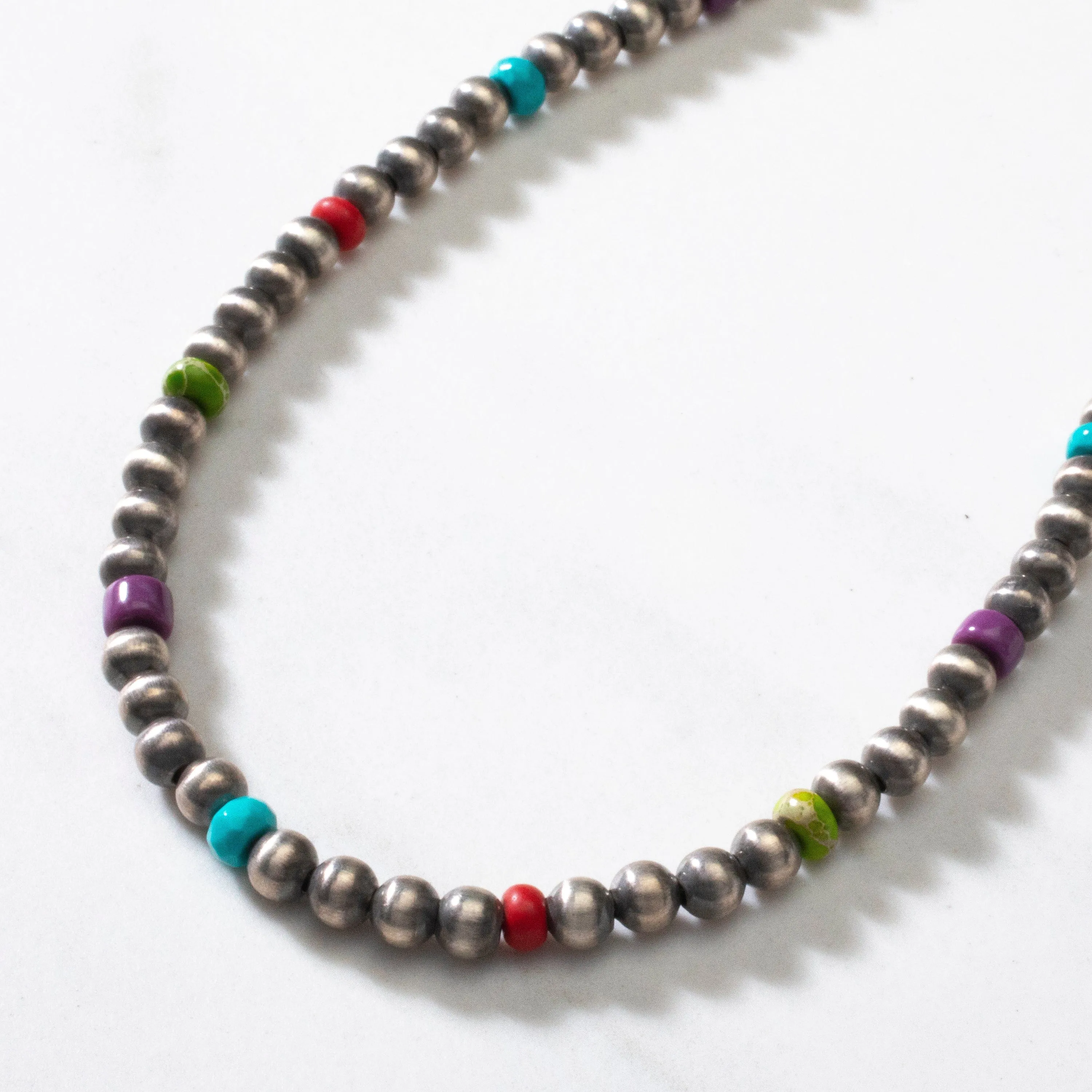 16 Single Strand 4mm Navajo Pearl & Multi Gem USA Native American Made 925 Sterling Silver Necklace