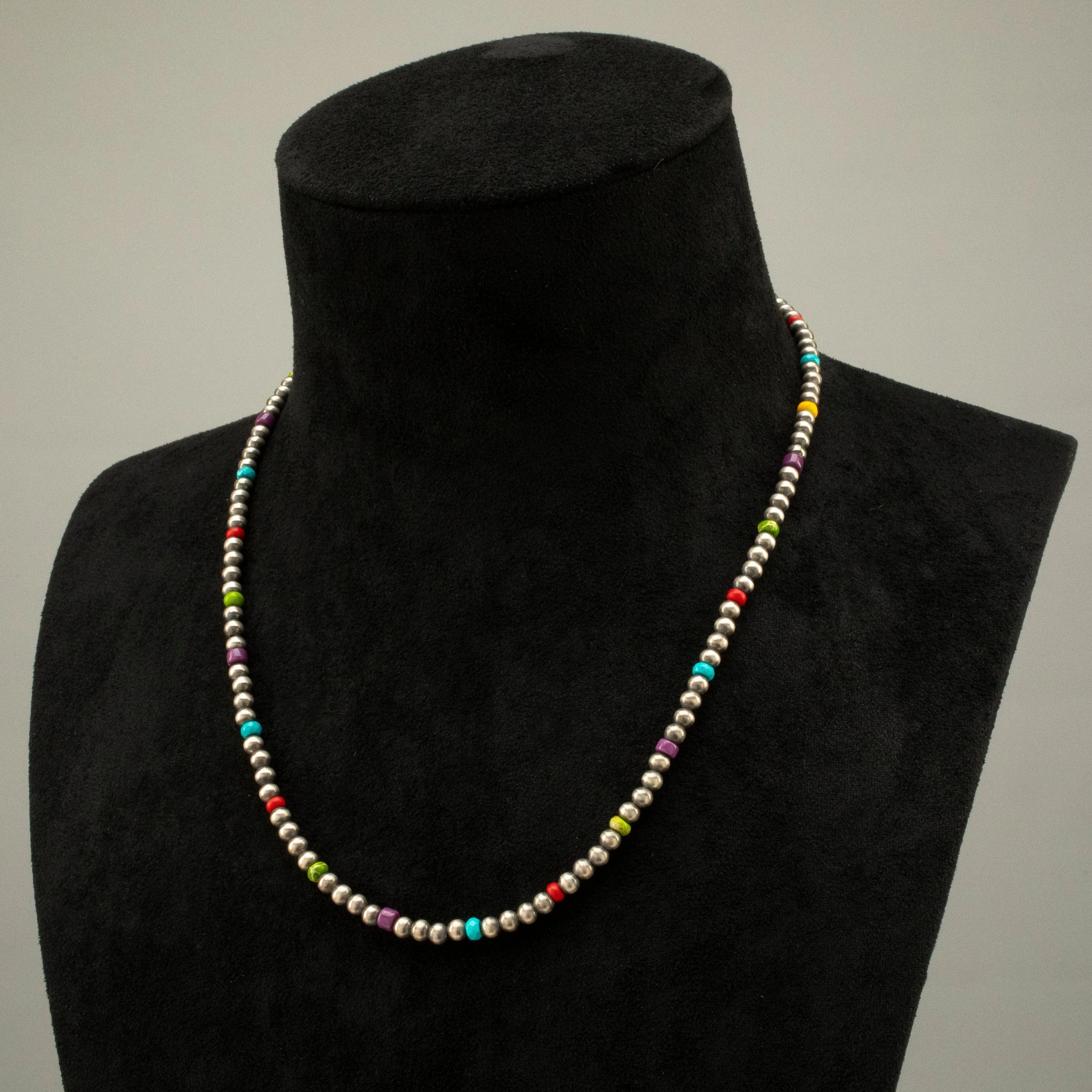 16 Single Strand 4mm Navajo Pearl & Multi Gem USA Native American Made 925 Sterling Silver Necklace