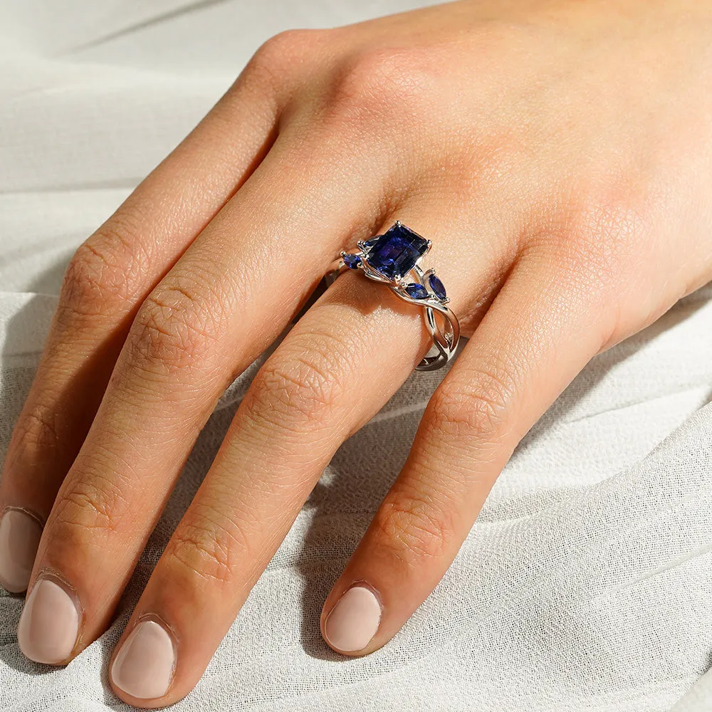 2 CT. Emerald Cut Lab Grown Sapphire Ring with Marquise Sapphire Accents