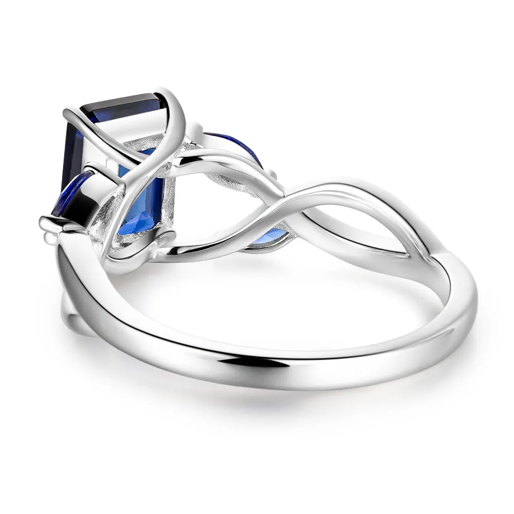 2 CT. Emerald Cut Lab Grown Sapphire Ring with Marquise Sapphire Accents