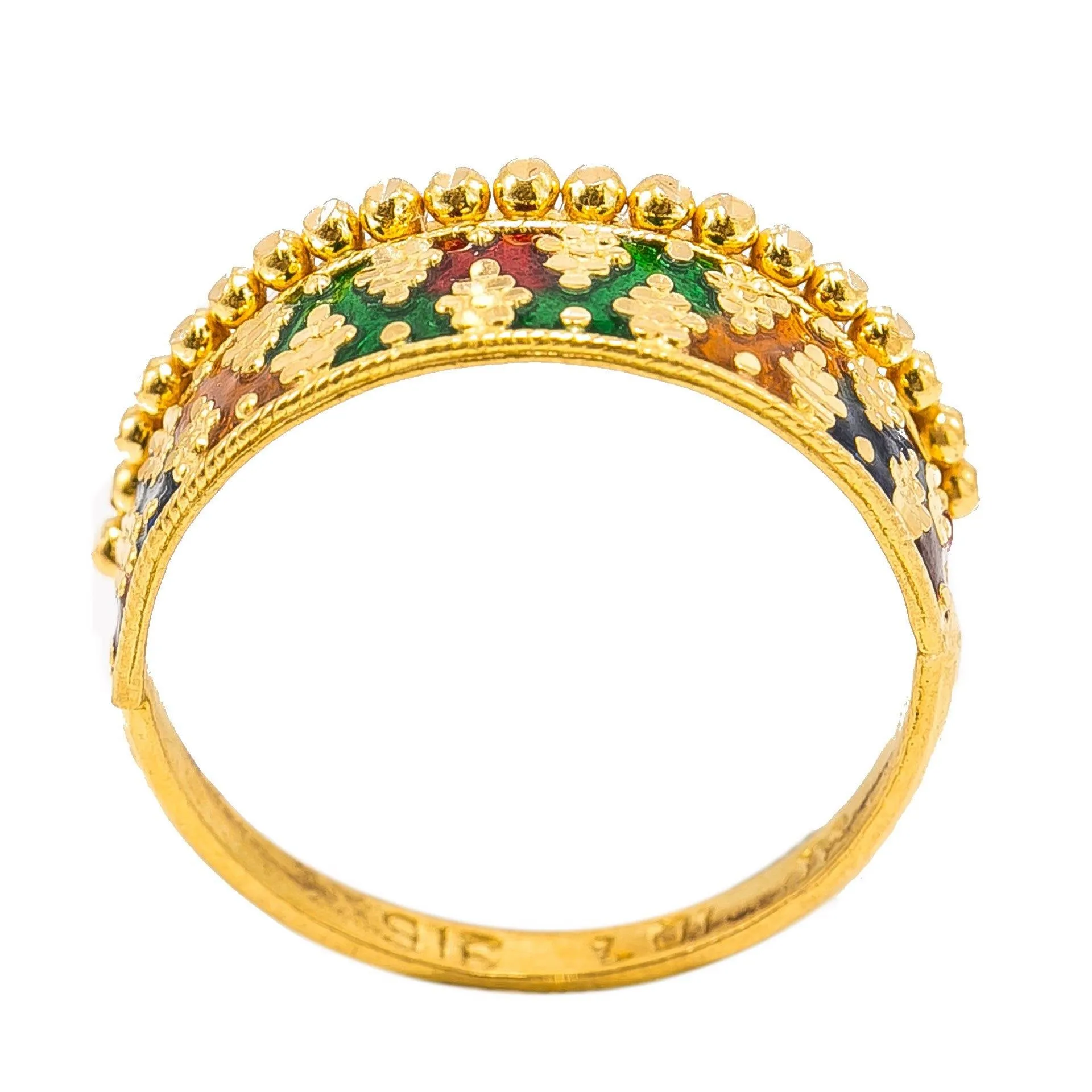 22K Yellow Gold Enamel Ring W/ Alternating Cluster Ball Design