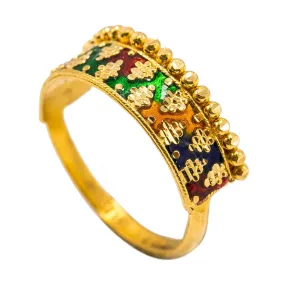 22K Yellow Gold Enamel Ring W/ Alternating Cluster Ball Design