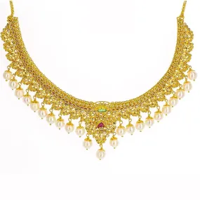 22K Yellow Gold Uncut Diamond Necklace W/16.8ct Uncut Diamonds, Rubies, Emeralds & Drop Pearls