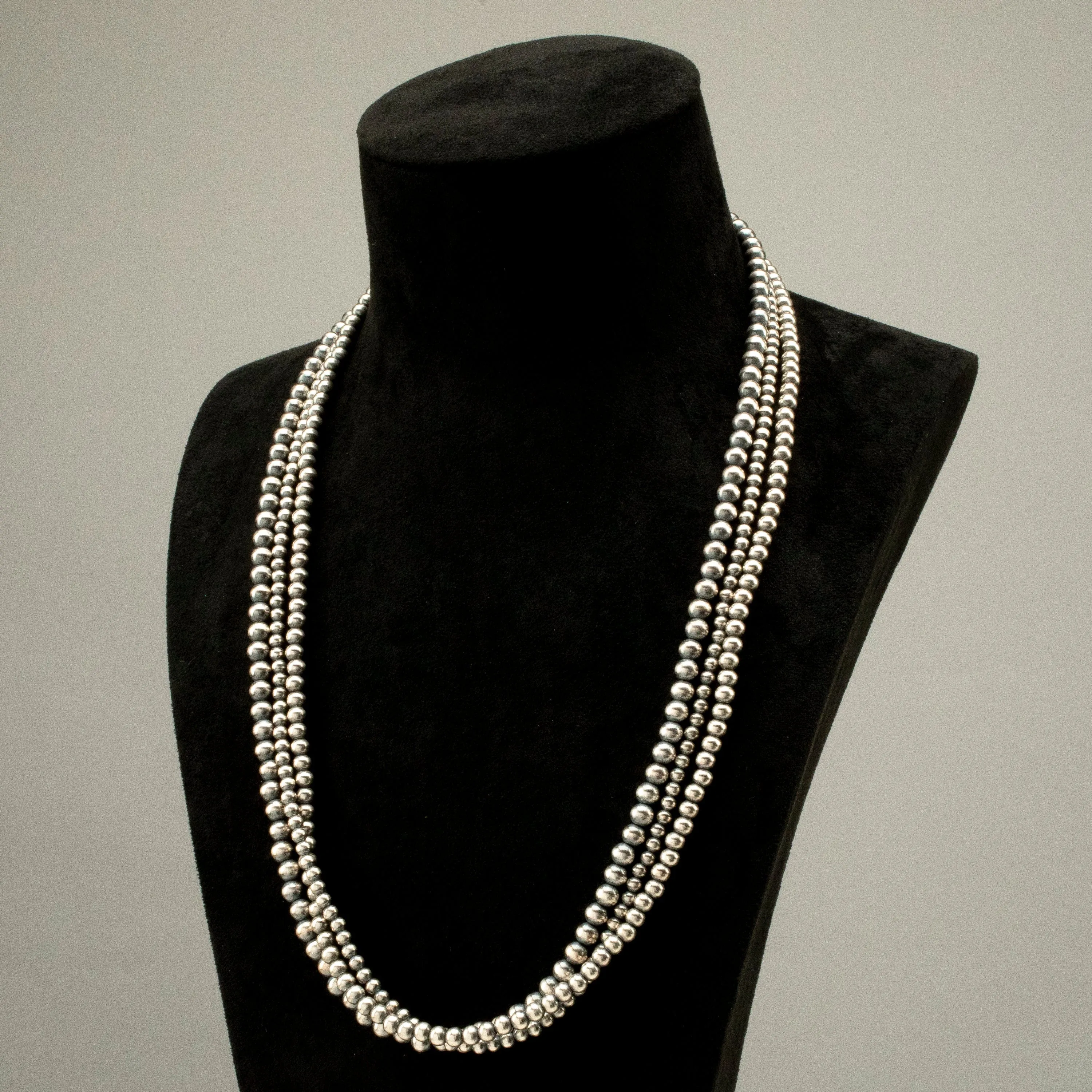 26 Triple Strand 4,5,&6mm Navajo Pearl USA Native American Made 925 Sterling Silver Necklace