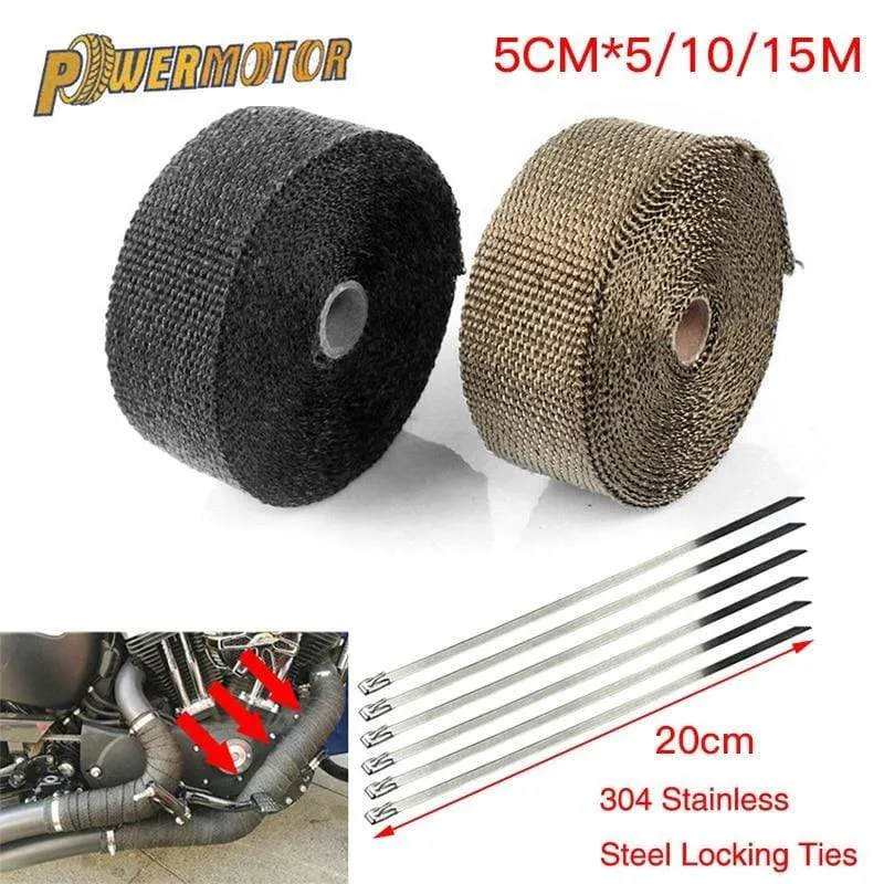 5cm*5M/10M/15M Motorcycle Exhaust Heat Shield Thermal Exhaust Tape Fiberglass Heat Wrap Pipe Heat Insulation with Stainless Ties