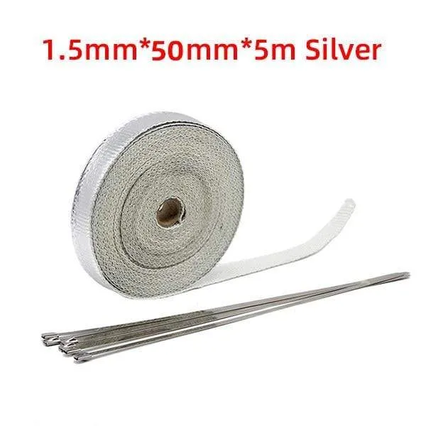 5cm*5M/10M/15M Motorcycle Exhaust Heat Shield Thermal Exhaust Tape Fiberglass Heat Wrap Pipe Heat Insulation with Stainless Ties