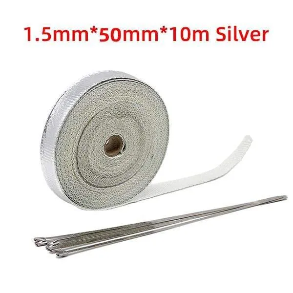 5cm*5M/10M/15M Motorcycle Exhaust Heat Shield Thermal Exhaust Tape Fiberglass Heat Wrap Pipe Heat Insulation with Stainless Ties