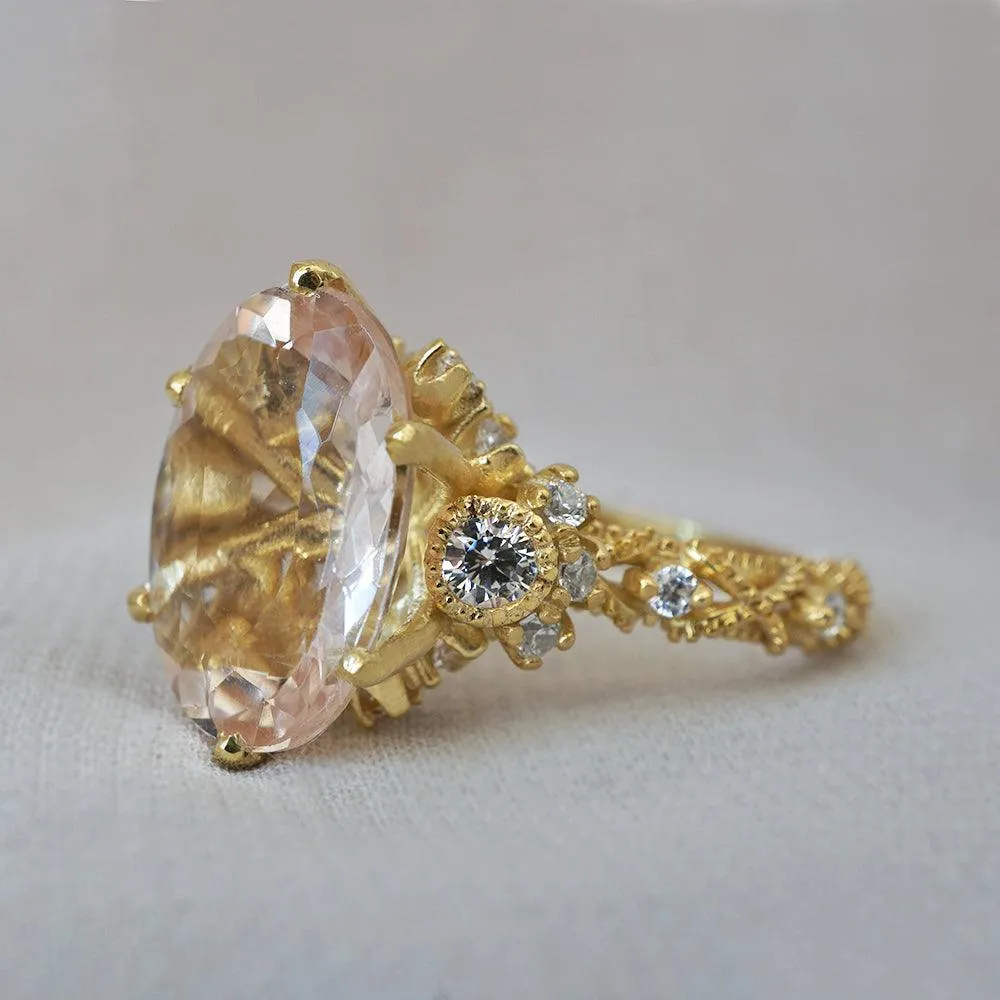 6.05ct Oval Morganite Queen Victoria Diamond Ring in 14K and 18K Gold