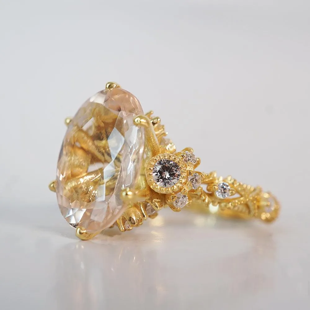 6.05ct Oval Morganite Queen Victoria Diamond Ring in 14K and 18K Gold