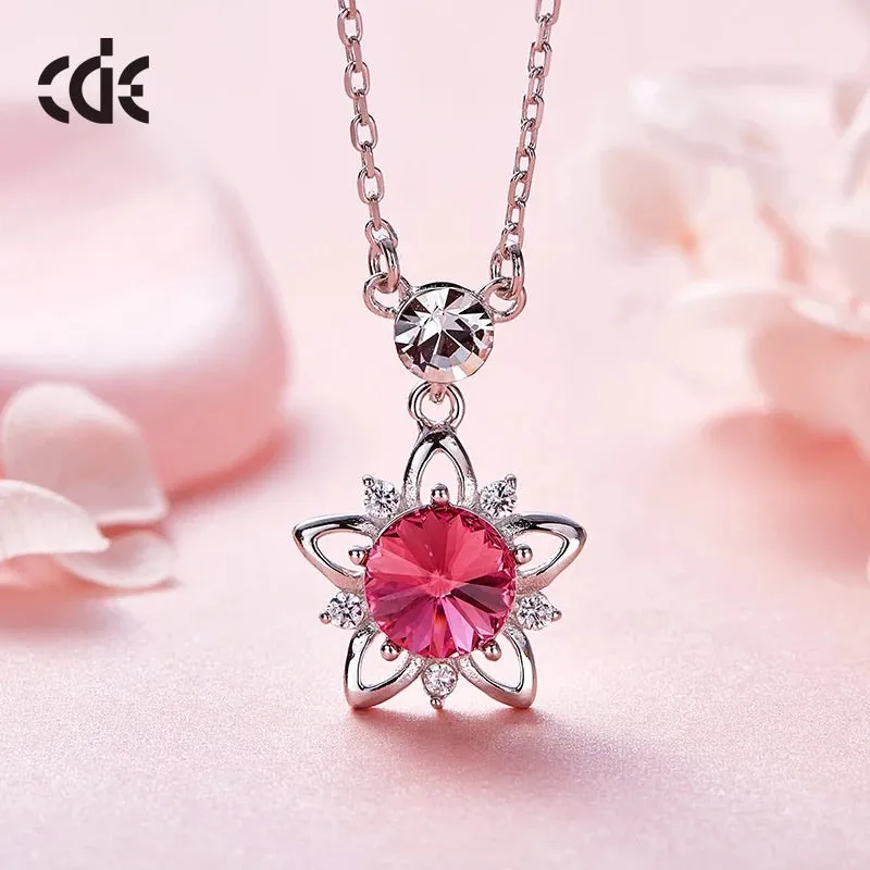 925 silver unique Swarovski crystals fuchsia flower Set