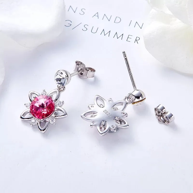 925 silver unique Swarovski crystals fuchsia flower Set