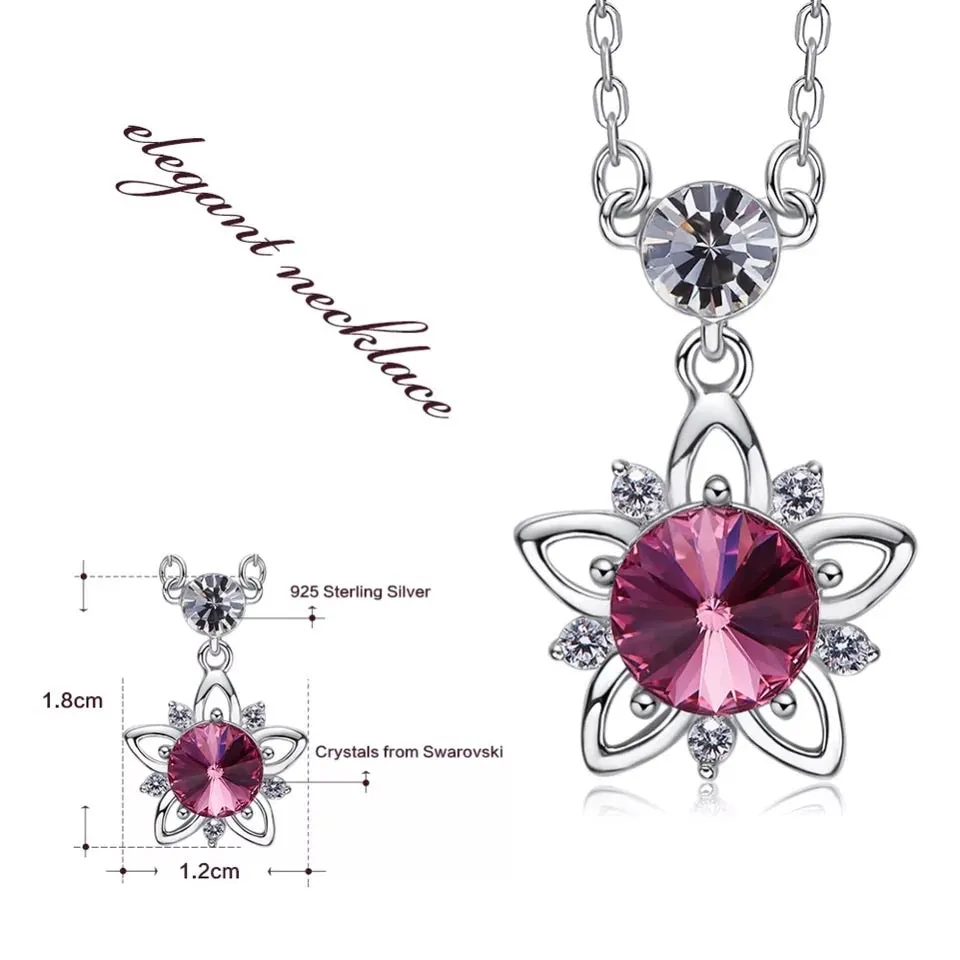 925 silver unique Swarovski crystals fuchsia flower Set