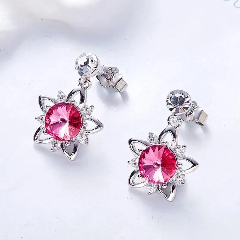 925 silver unique Swarovski crystals fuchsia flower Set