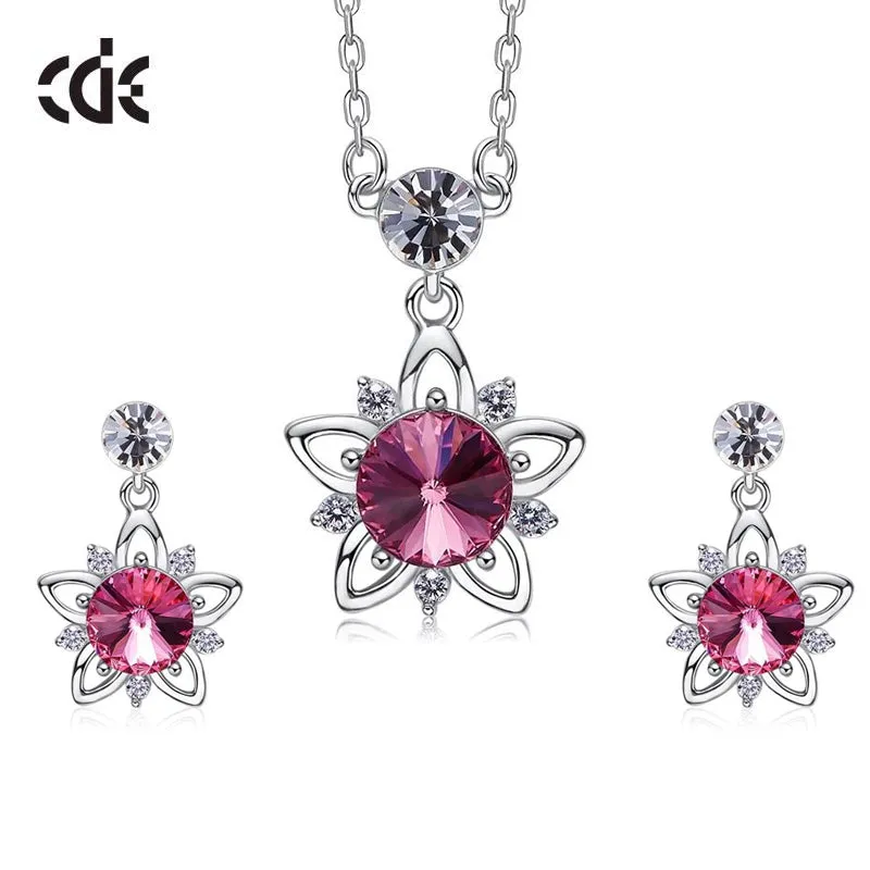 925 silver unique Swarovski crystals fuchsia flower Set