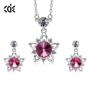 925 silver unique Swarovski crystals fuchsia flower Set