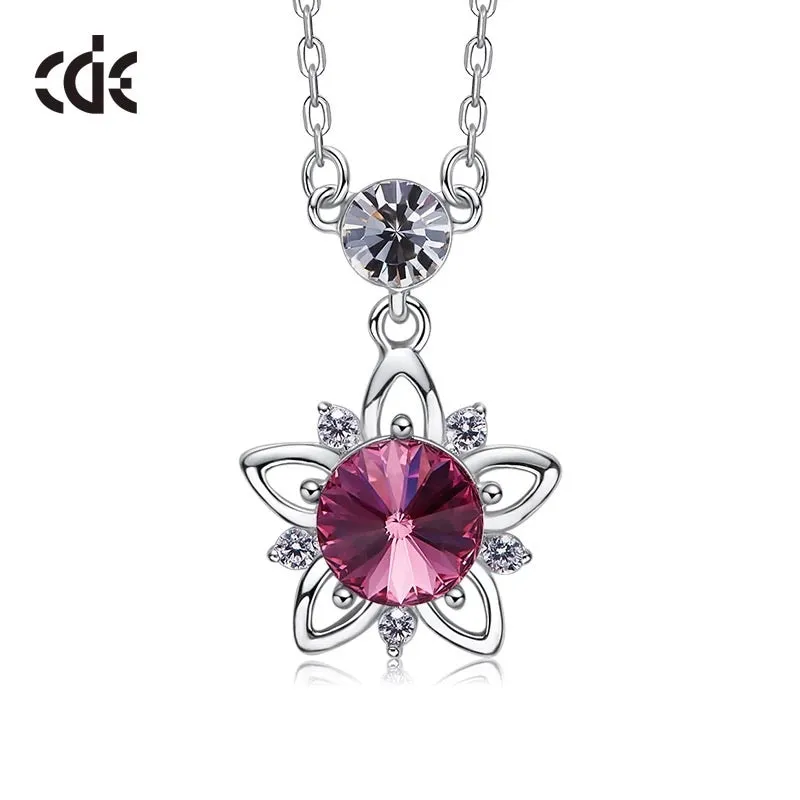 925 silver unique Swarovski crystals fuchsia flower Set