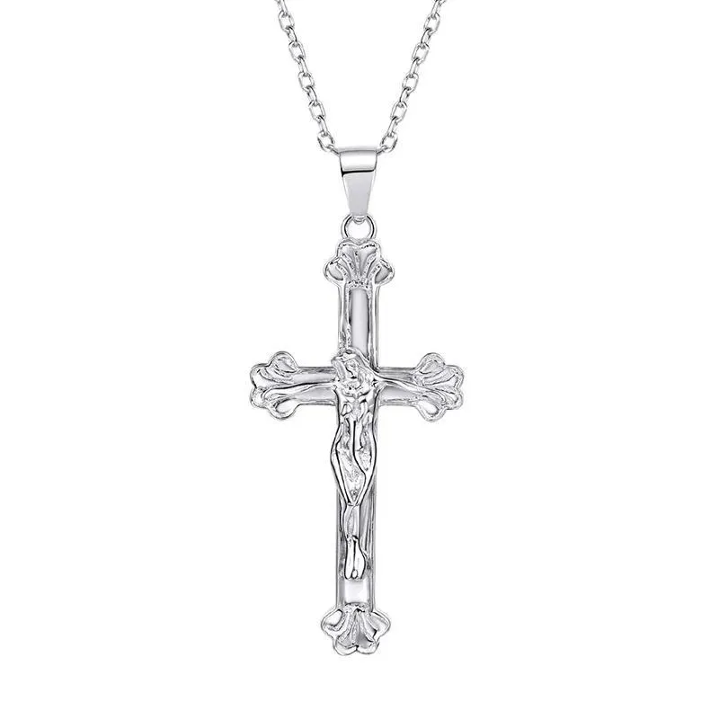 925 Sterling Silver Abstract Jesus Christ Catholic Cross Pendant Necklace