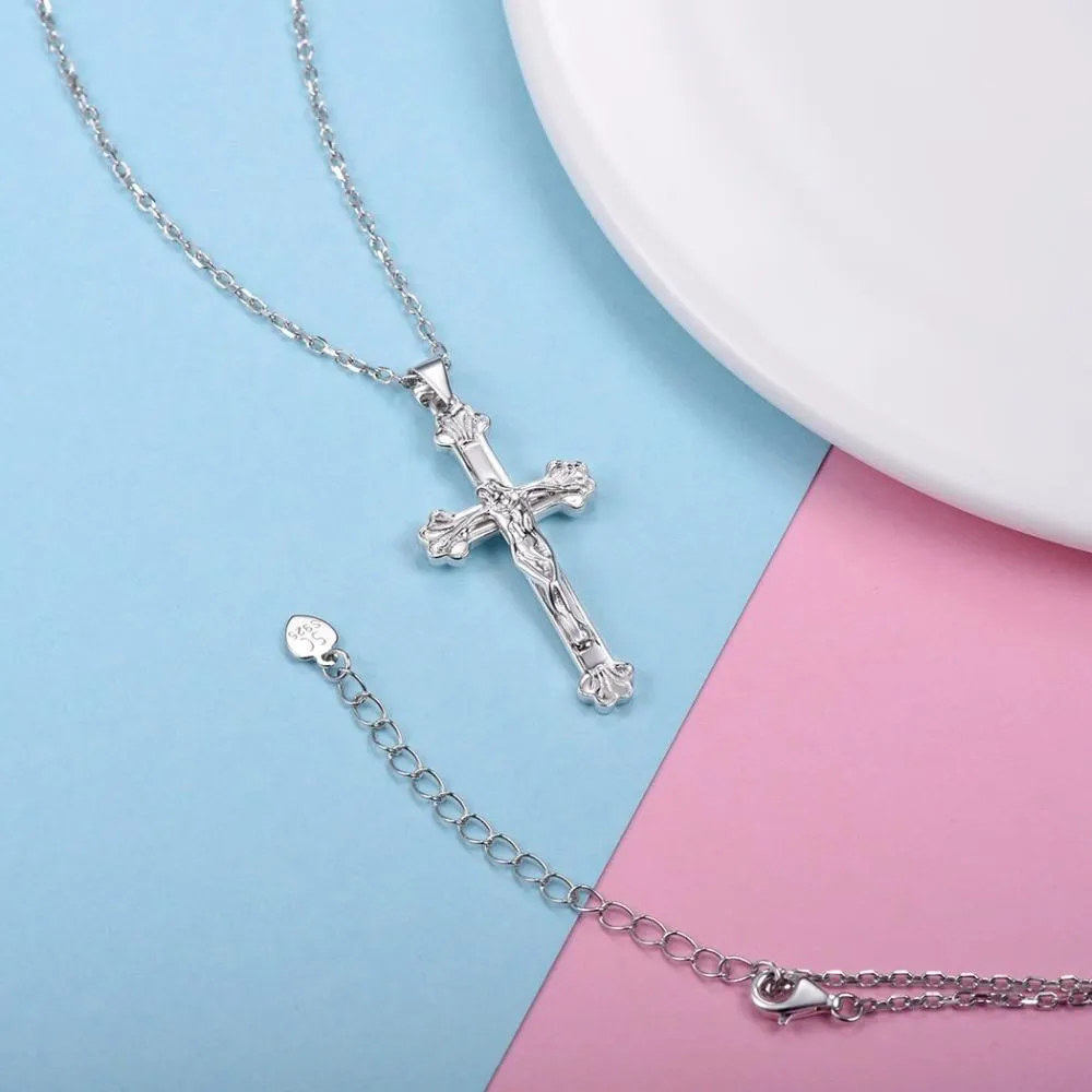 925 Sterling Silver Abstract Jesus Christ Catholic Cross Pendant Necklace