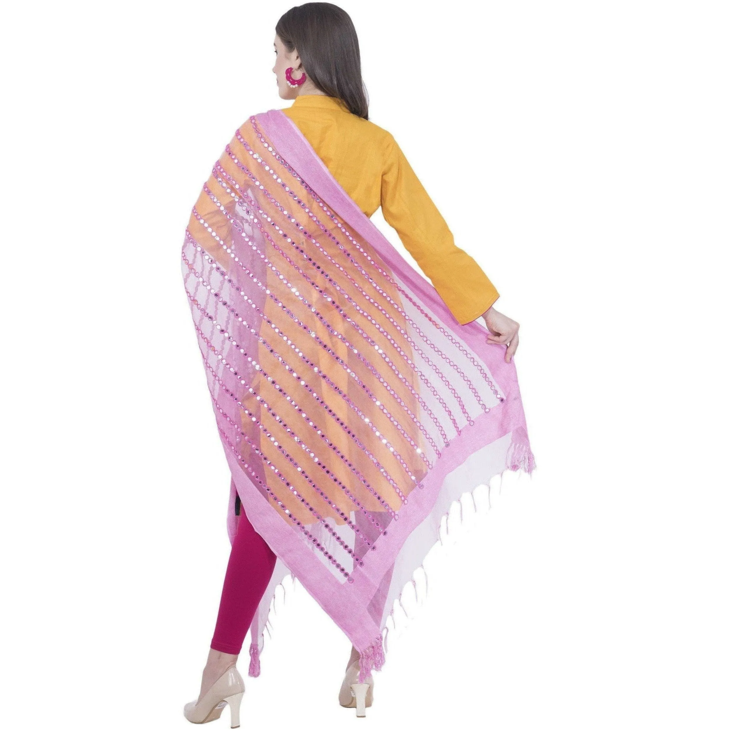 A R Silk Women's Mirror Work Orgenza Cotton Rose Pink Dupattas and Chunnis