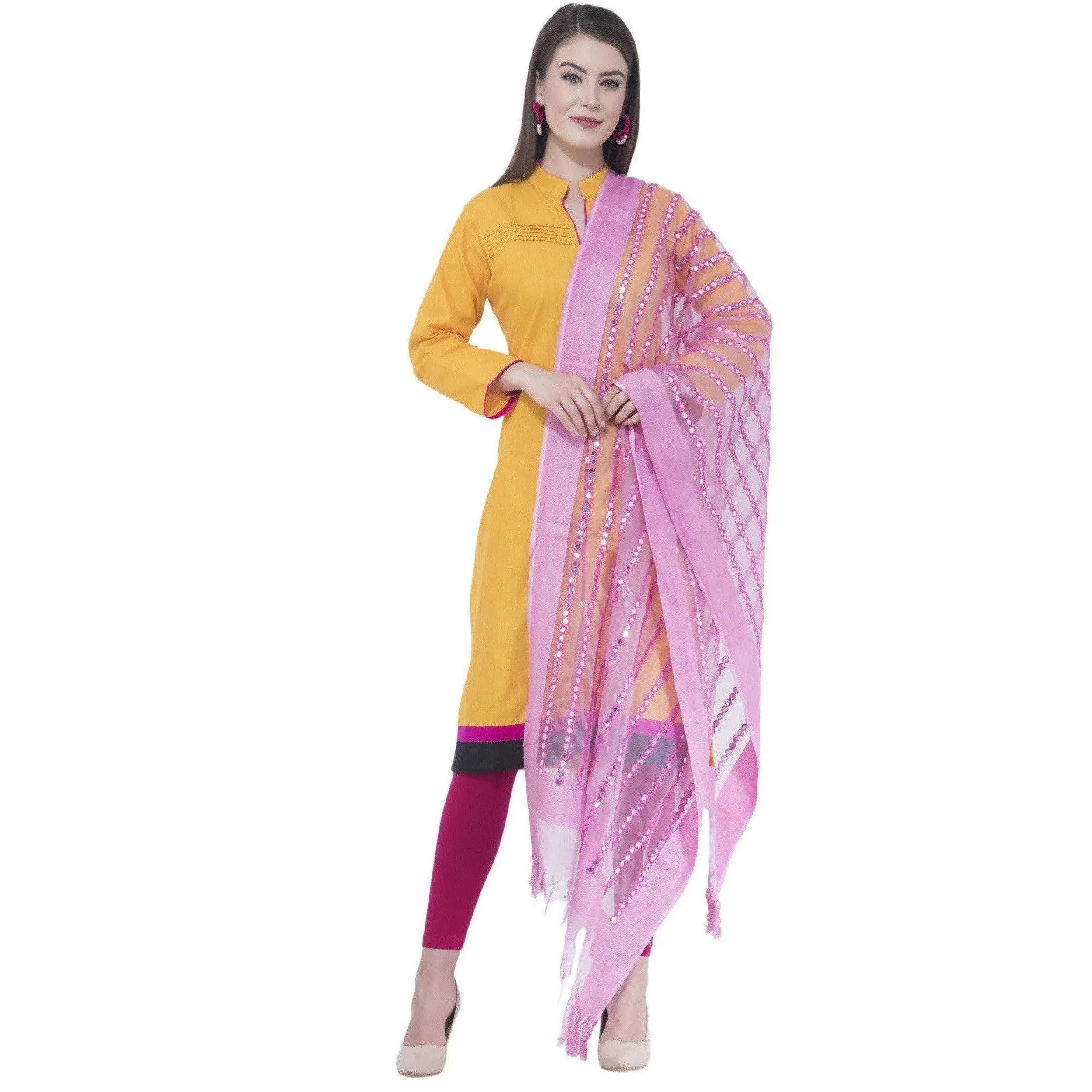 A R Silk Women's Mirror Work Orgenza Cotton Rose Pink Dupattas and Chunnis