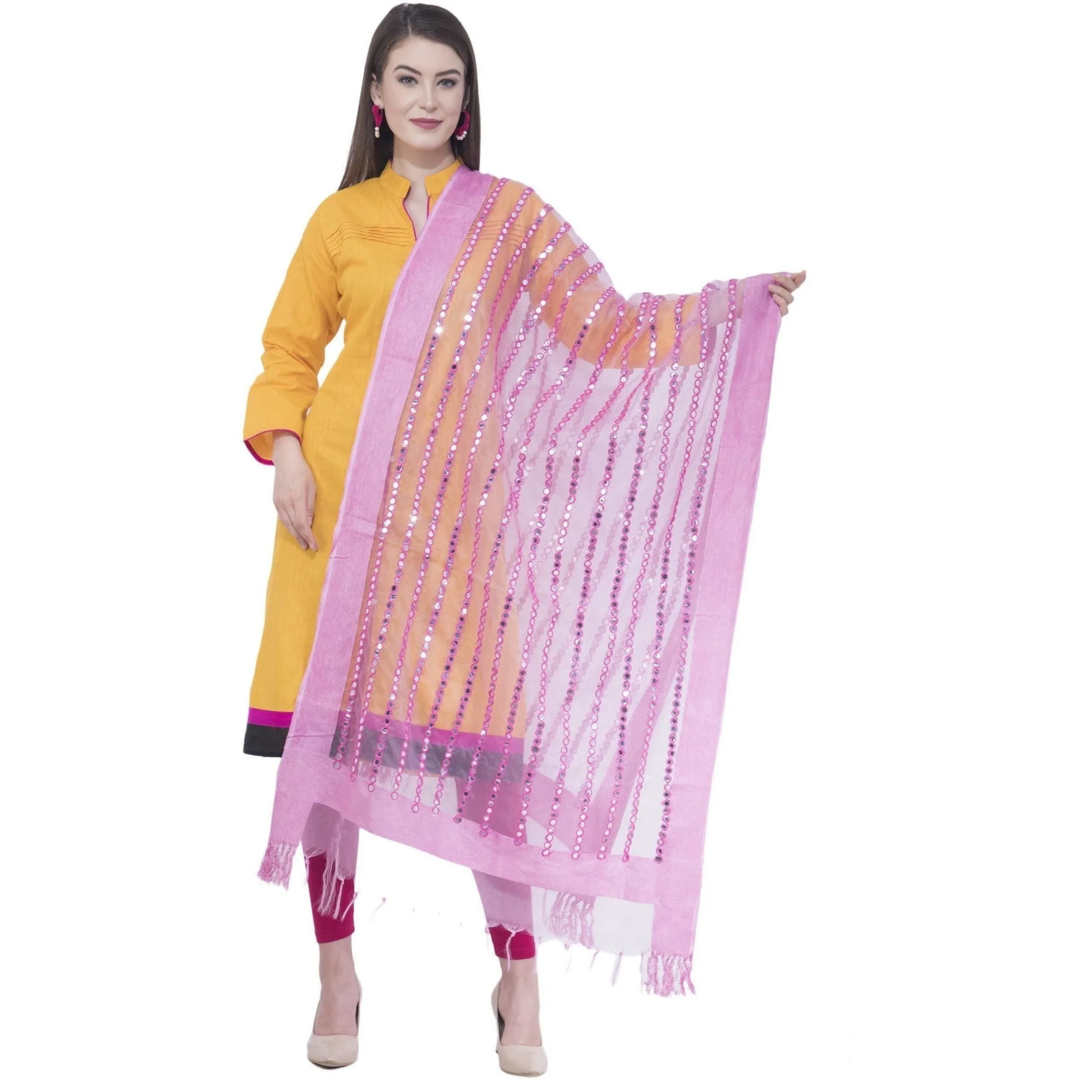 A R Silk Women's Mirror Work Orgenza Cotton Rose Pink Dupattas and Chunnis