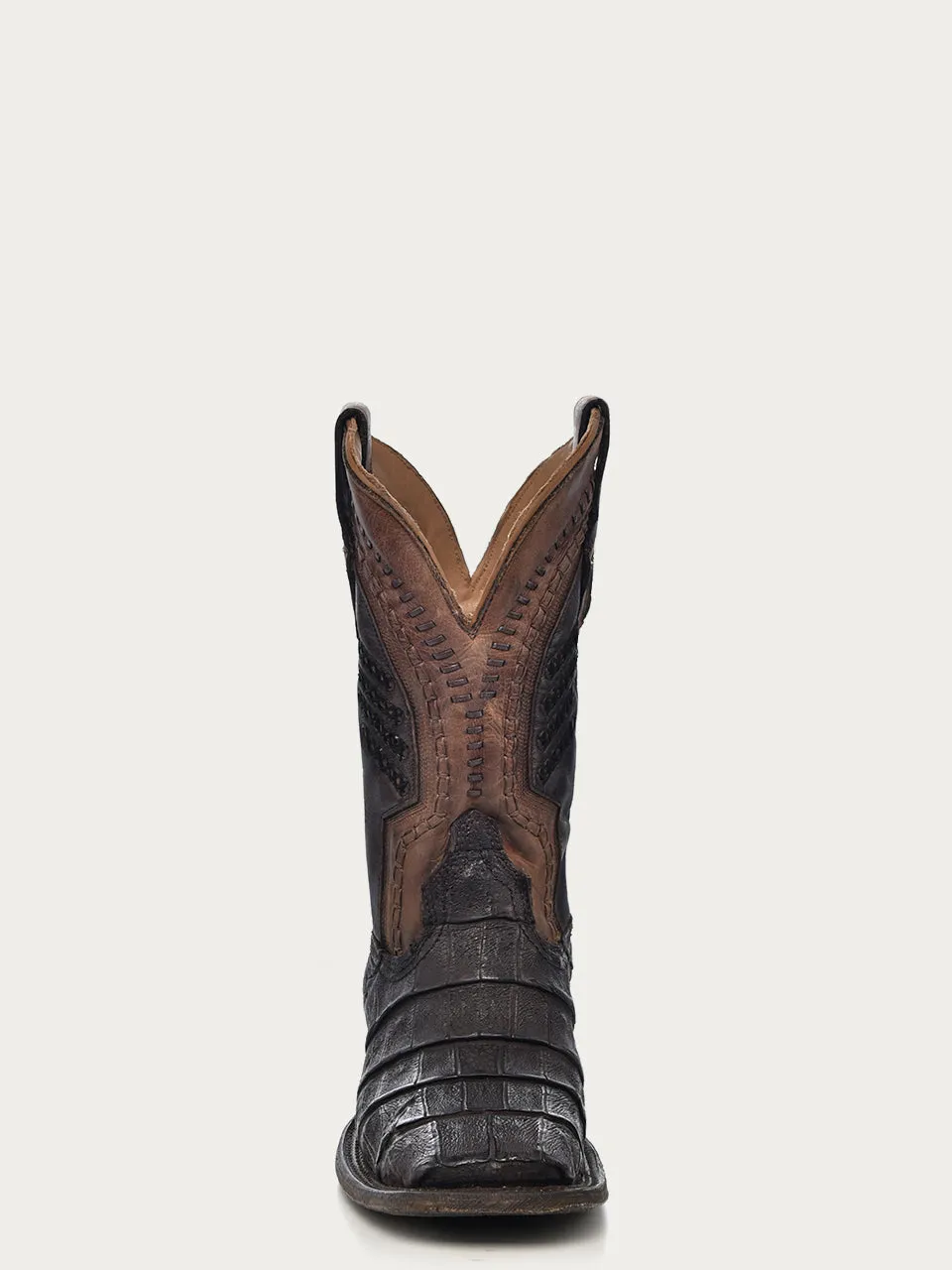 A3878 - MEN'S OIL BROWN CAIMAN EMBROIDERY AND WOVEN SHAFT  WIDE SQUARE TOE COWBOY BOOT