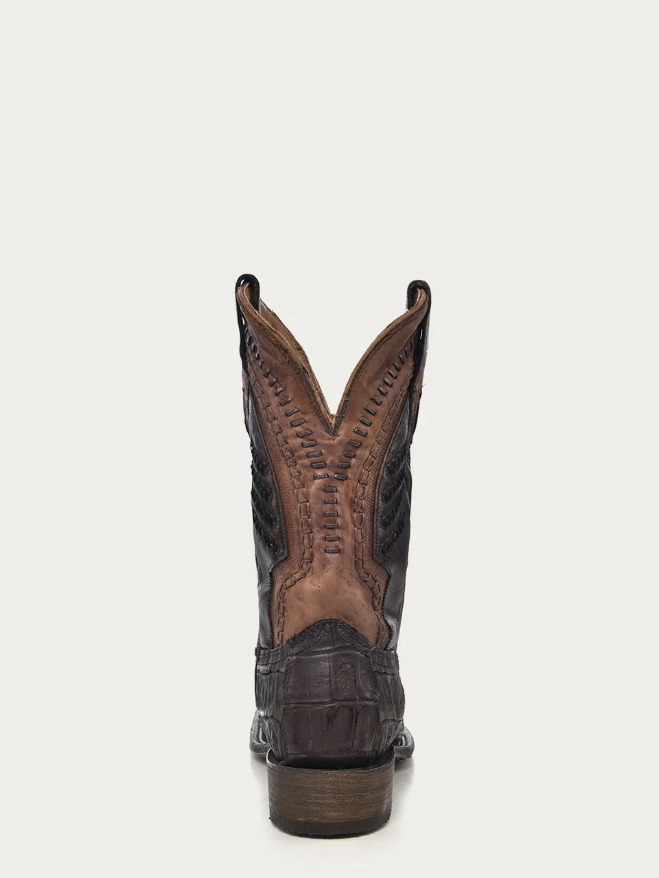 A3878 - MEN'S OIL BROWN CAIMAN EMBROIDERY AND WOVEN SHAFT  WIDE SQUARE TOE COWBOY BOOT