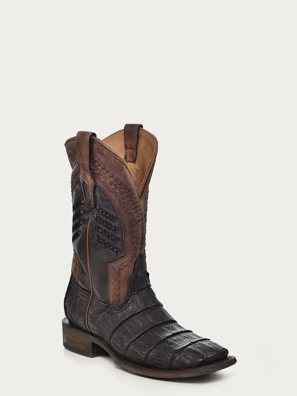 A3878 - MEN'S OIL BROWN CAIMAN EMBROIDERY AND WOVEN SHAFT  WIDE SQUARE TOE COWBOY BOOT