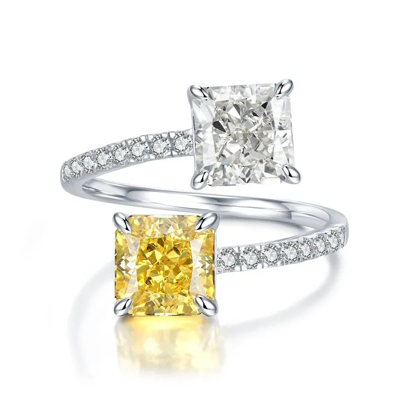 Adjustable Yellow and White Double Stone Cushion Cut Sterling Silver Engagement Ring