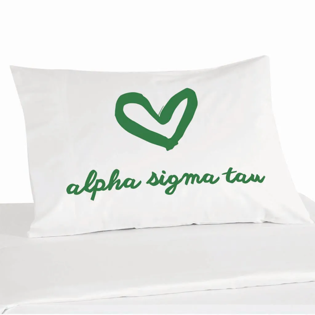 Alpha Sigma Tau Sorority Name with Heart Design on Printed Pillowcase