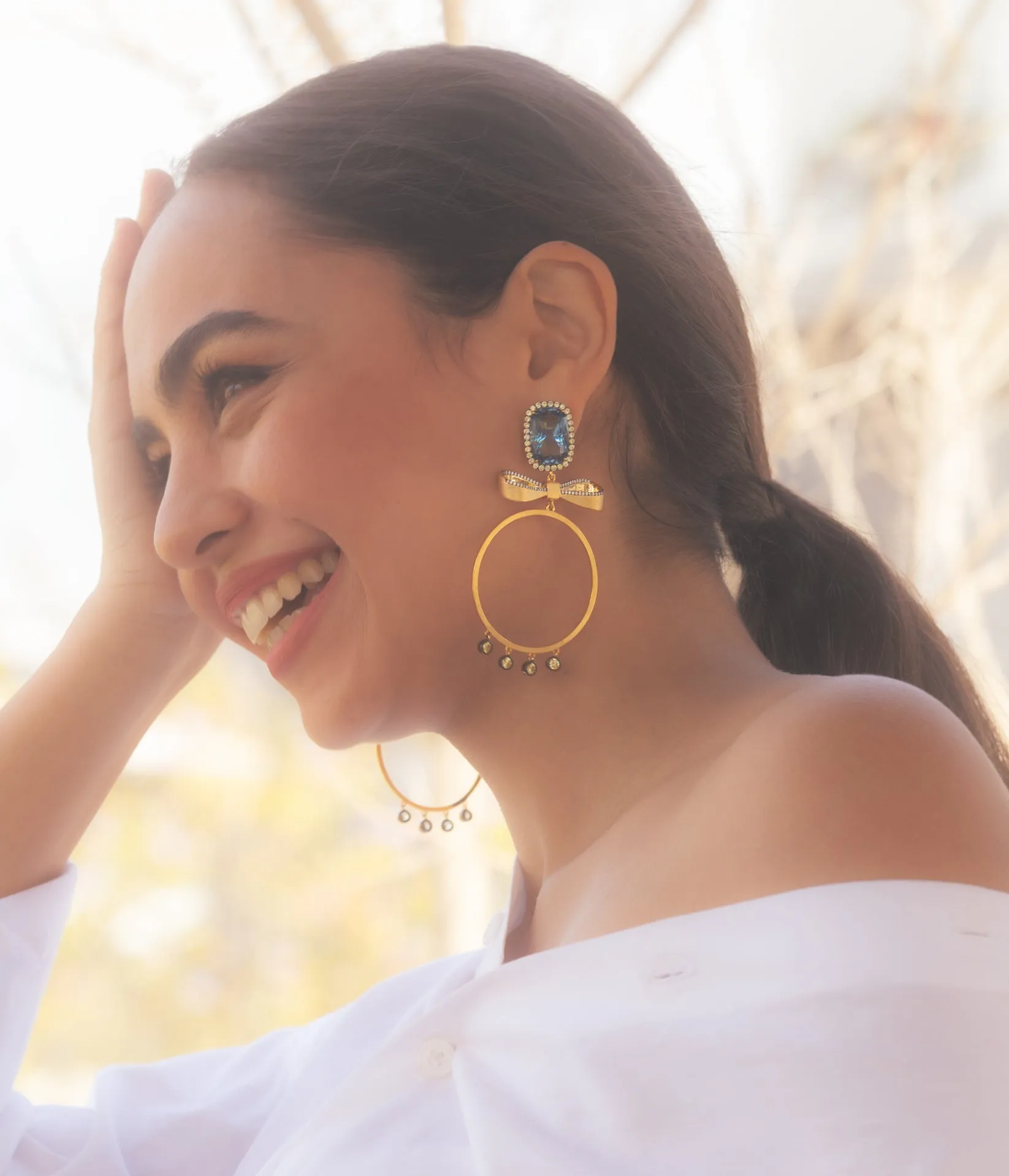 AMMANII Blue Spinel Statement Hoop Earrings in Vermeil Gold