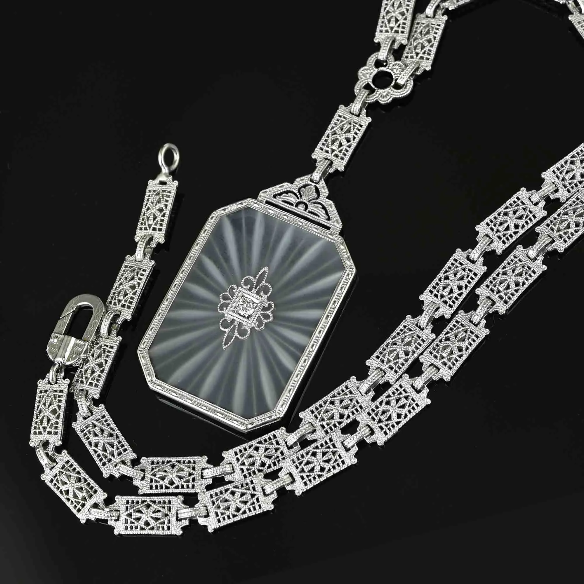 Antique Art Deco Rock Crystal Starburst Diamond Necklace