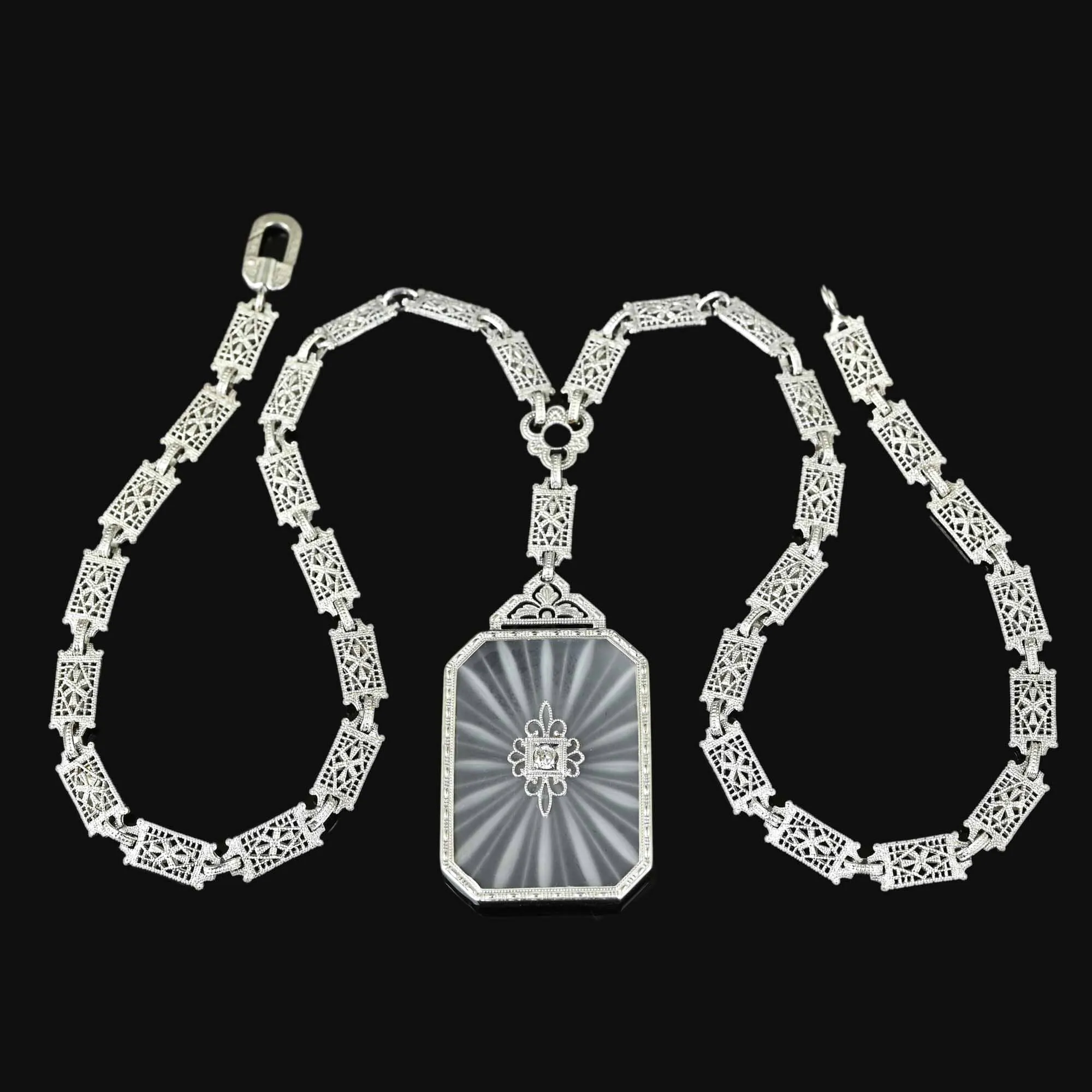 Antique Art Deco Rock Crystal Starburst Diamond Necklace