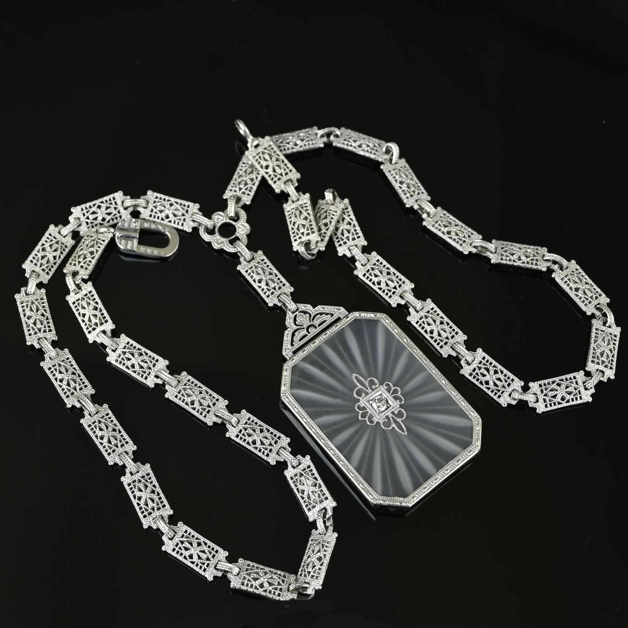 Antique Art Deco Rock Crystal Starburst Diamond Necklace