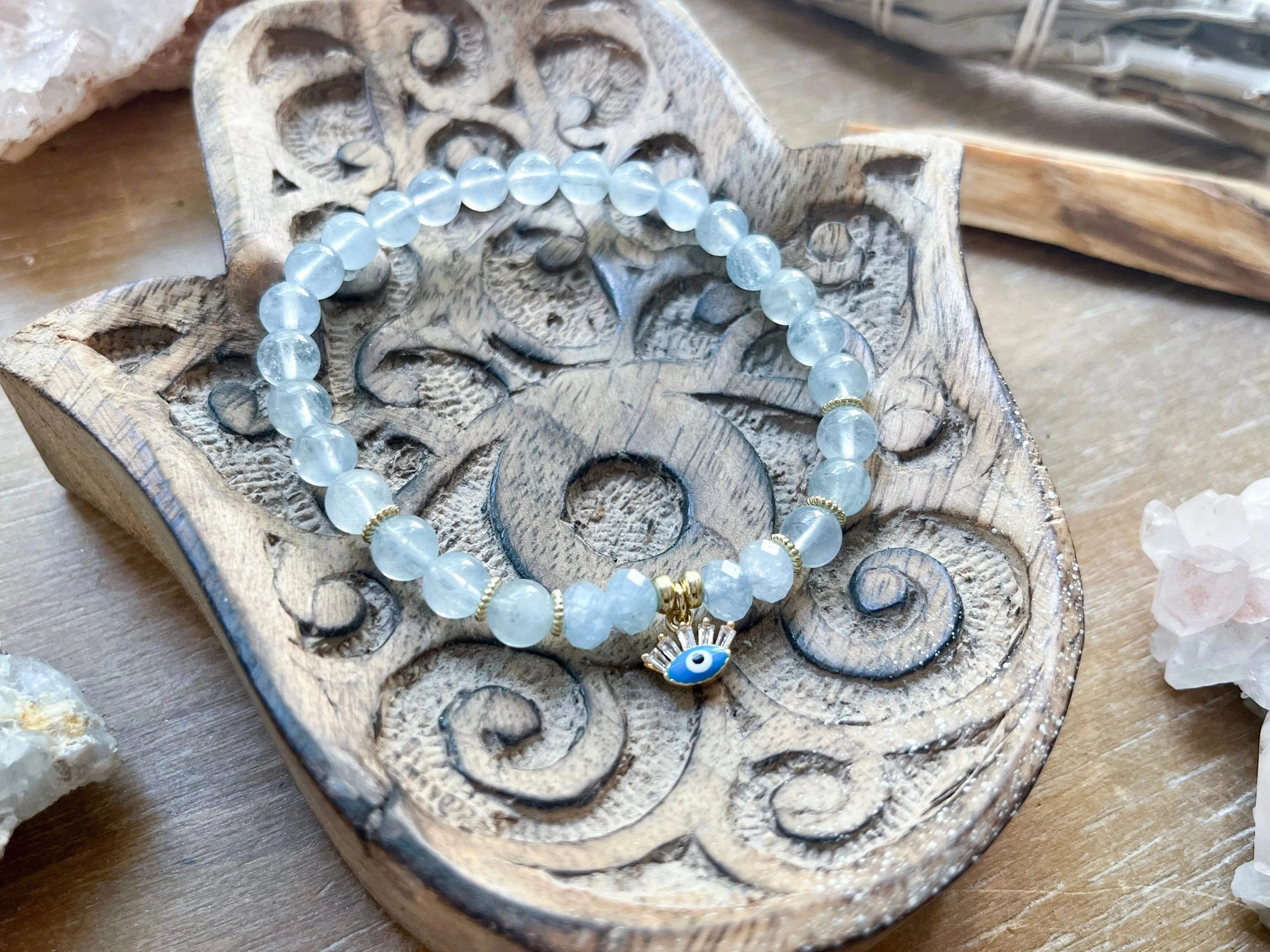 Aquamarine Beaded Bracelet || Blue Evil Eye Charm || Reiki Infused