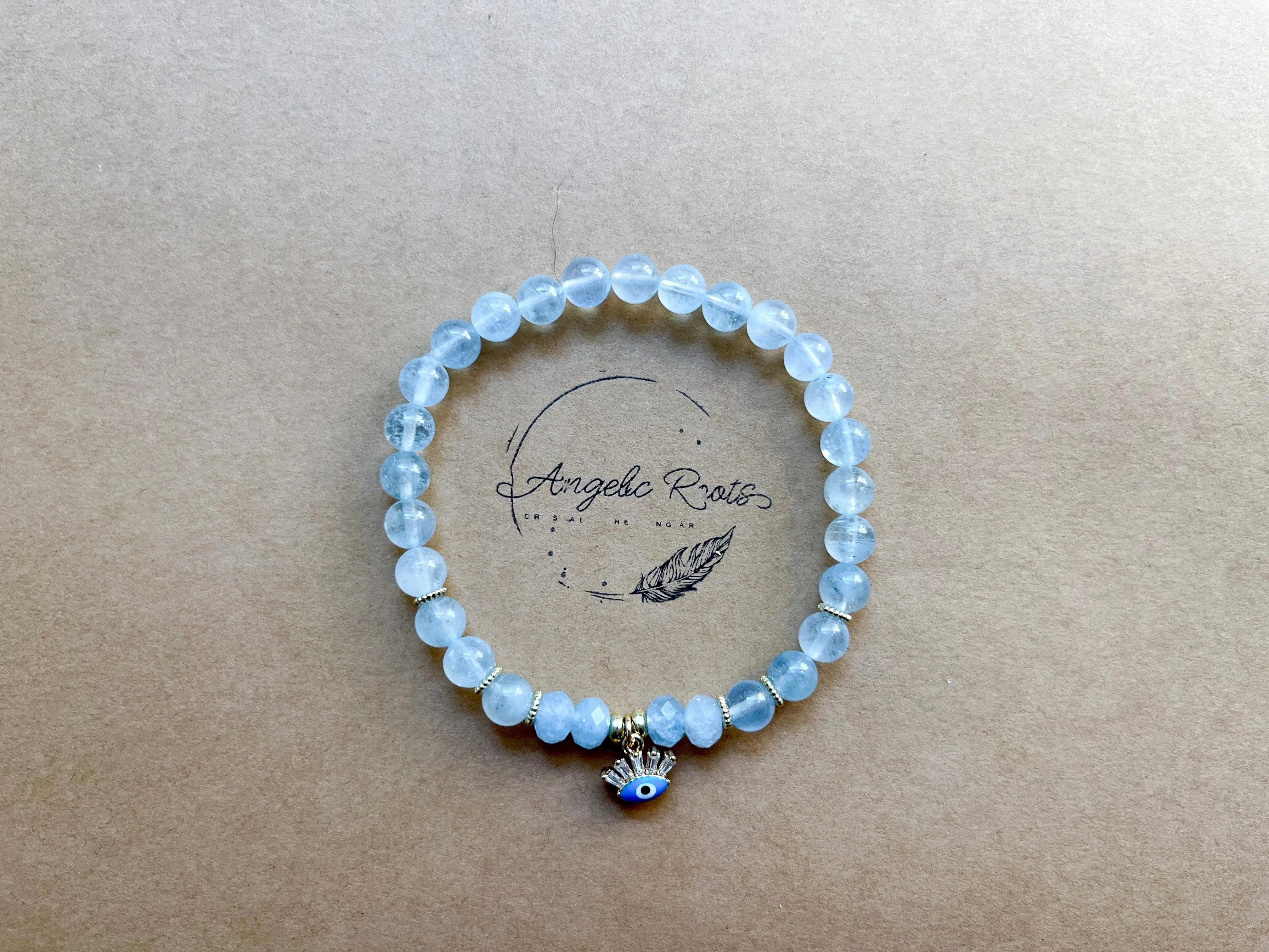 Aquamarine Beaded Bracelet || Blue Evil Eye Charm || Reiki Infused