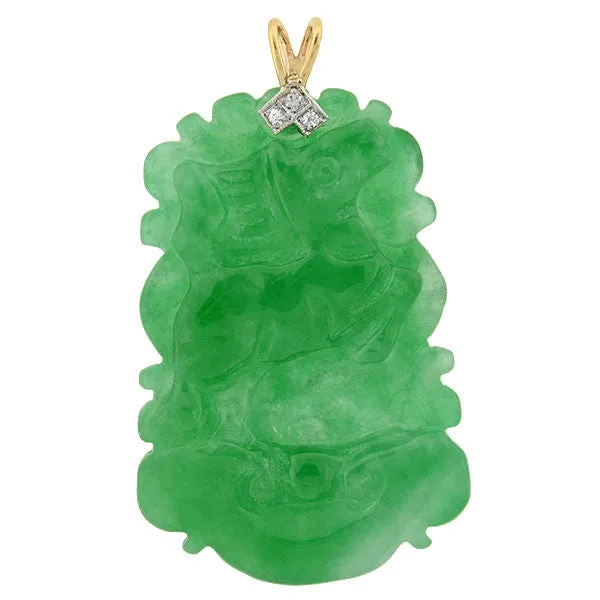 Art Deco 14kt & Diamond Carved Jadeite Pendant