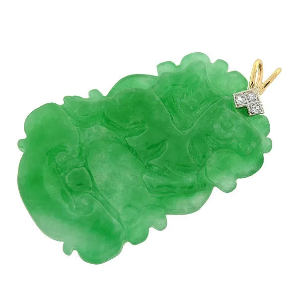 Art Deco 14kt & Diamond Carved Jadeite Pendant