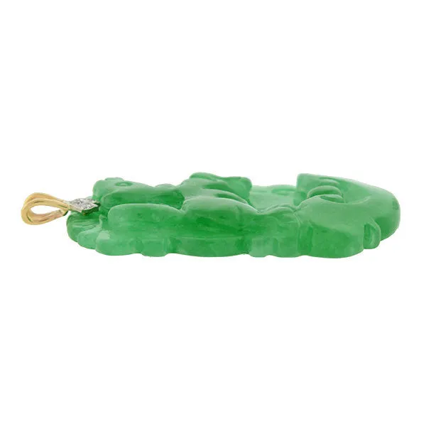 Art Deco 14kt & Diamond Carved Jadeite Pendant