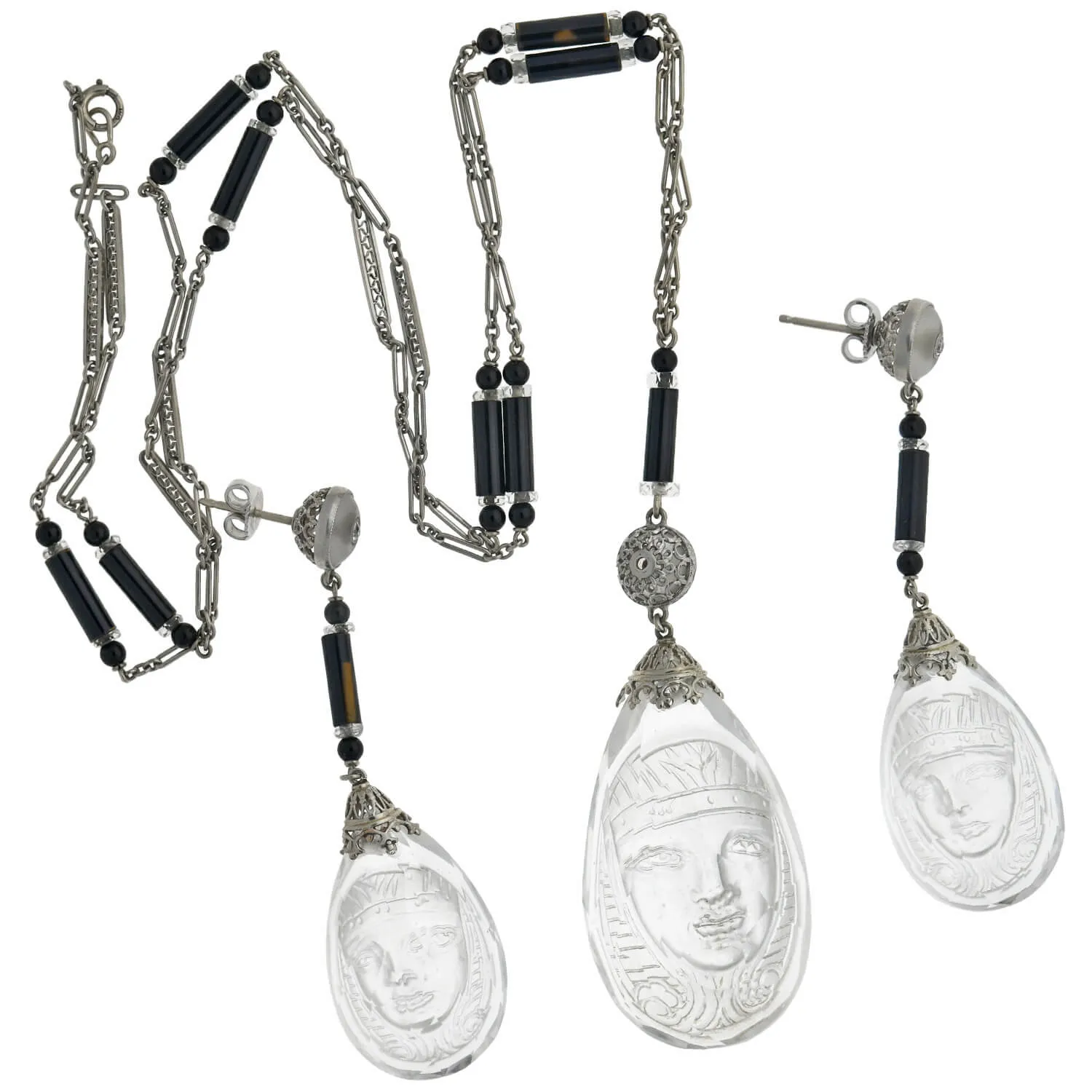 Art Deco Egyptian Revival Rock Crystal, Onyx   Diamond Necklace and Earring Set