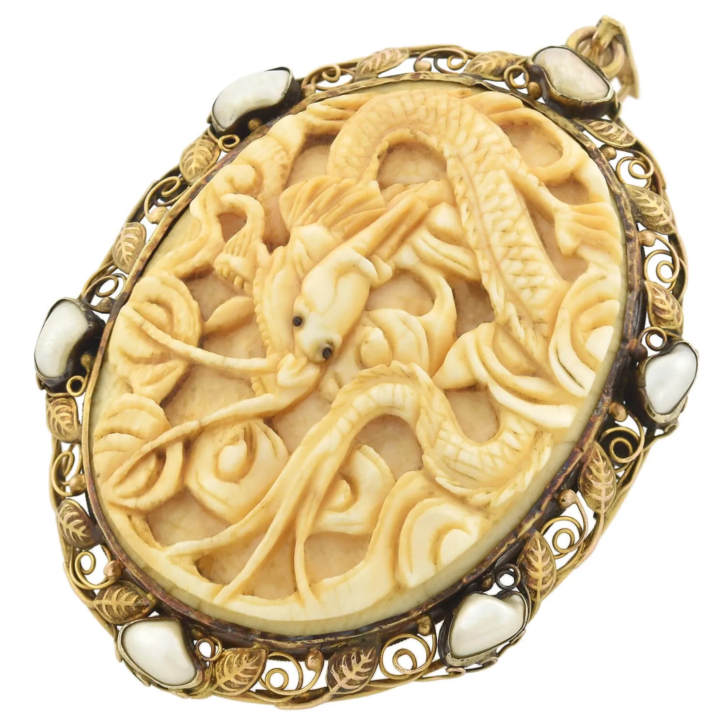 Arts & Crafts Large 14kt Carved Ivory   Freshwater Pearl Mythical Creature Pin/Pendant