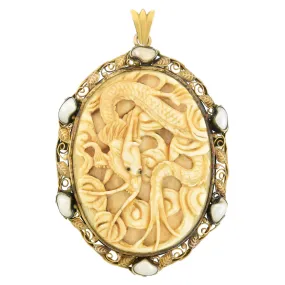 Arts & Crafts Large 14kt Carved Ivory   Freshwater Pearl Mythical Creature Pin/Pendant