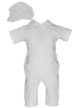 Baby Boys White Waffle Pique Christening Baptism Coverall & Hat 0-12M