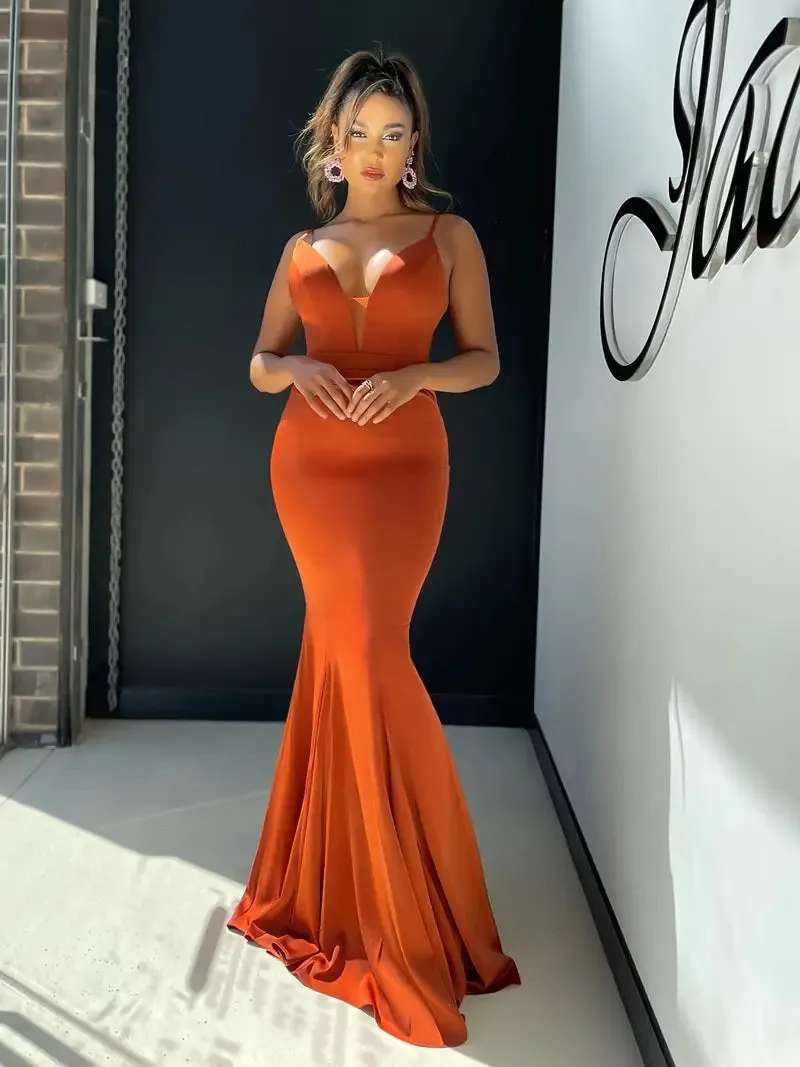 Backless Slip Mermaid Sheath Orange Maxi Party Dress